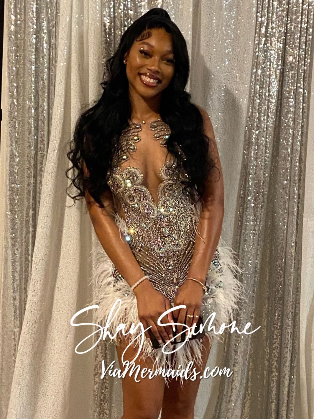 Baddie 2.0 Silver Rhinestone Dress with White Feathers Shay Simone Baddie 2.0 Silver Rhinestone Dress with White Feathers Shay Simone