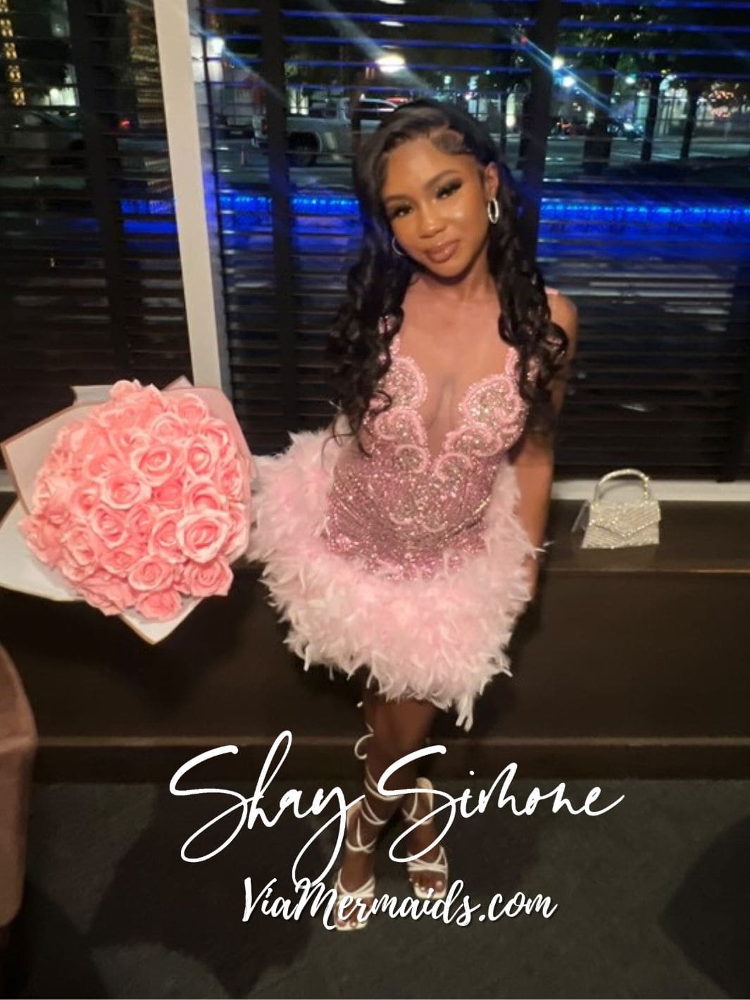 Baddie 3.0 Pink Rhinestone Dress with Pink Feathers