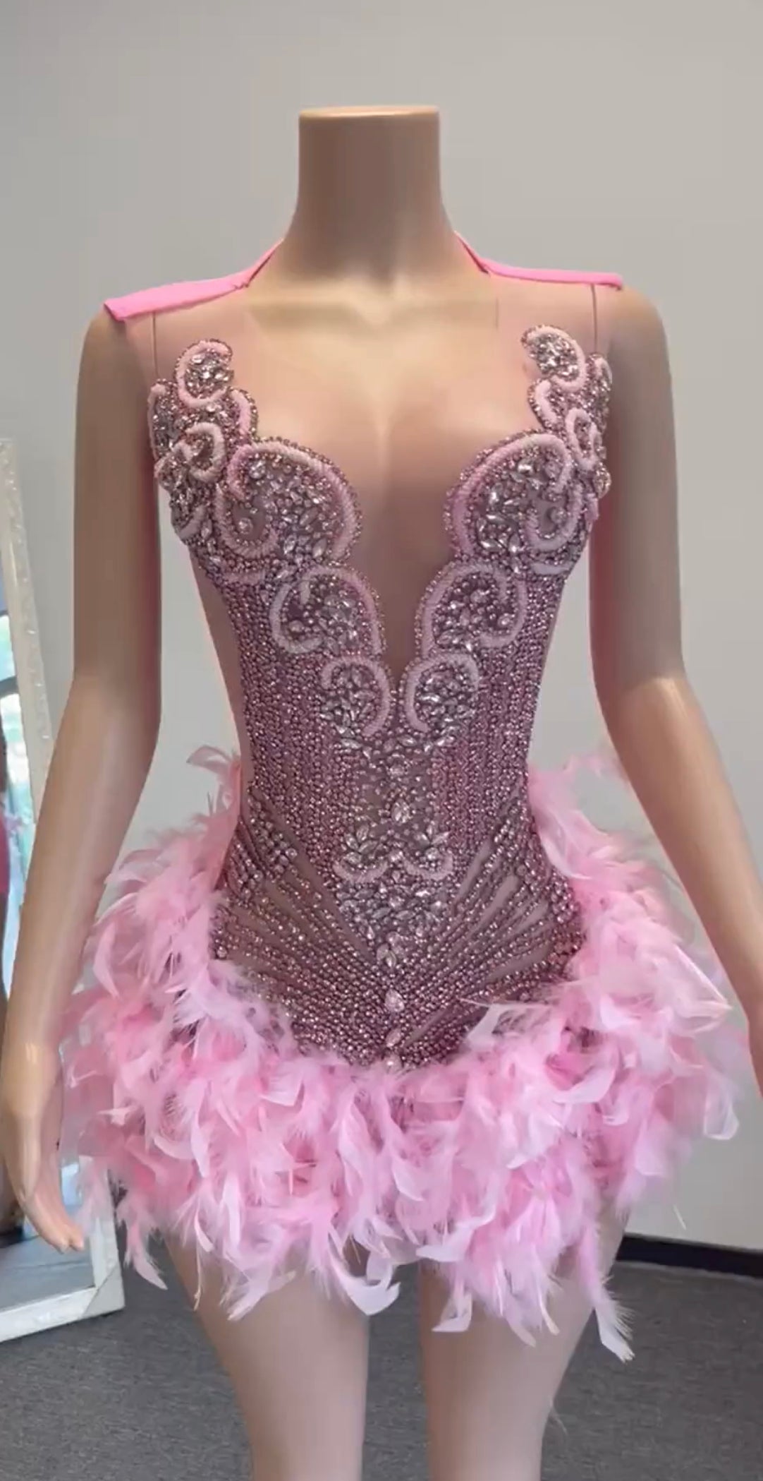 Baddie 3.0 Pink Rhinestone Dress with Pink Feathers