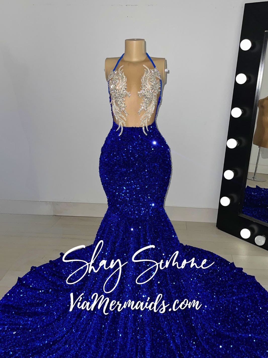 LAILAH Royal Blue Halter Style Sequin Dress with Silver Rhinestones Shay Simone LAILAH Royal Blue Halter Style Sequin Dress with Silver Rhinestones Shay Simone