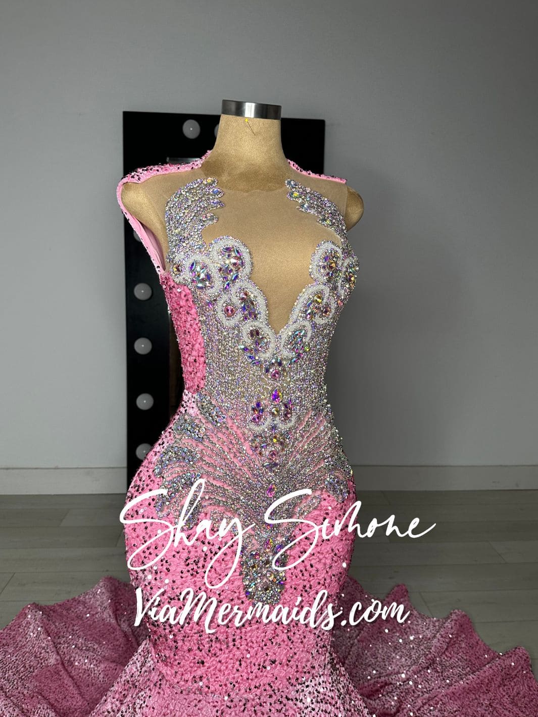 LIYAH - Iridescent Pink Sequin Prom Dress with Iridescent Rhinestones