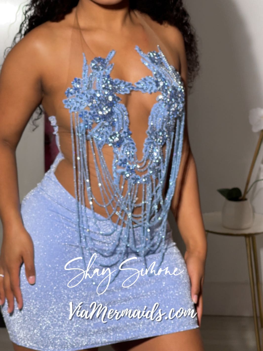 Soleil Light Blue Glitter Sheer Dress With Rhinestone Fringe 2X / With Lining Soleil Light Blue Glitter Sheer Dress With Rhinestone Fringe 2X / With Lining