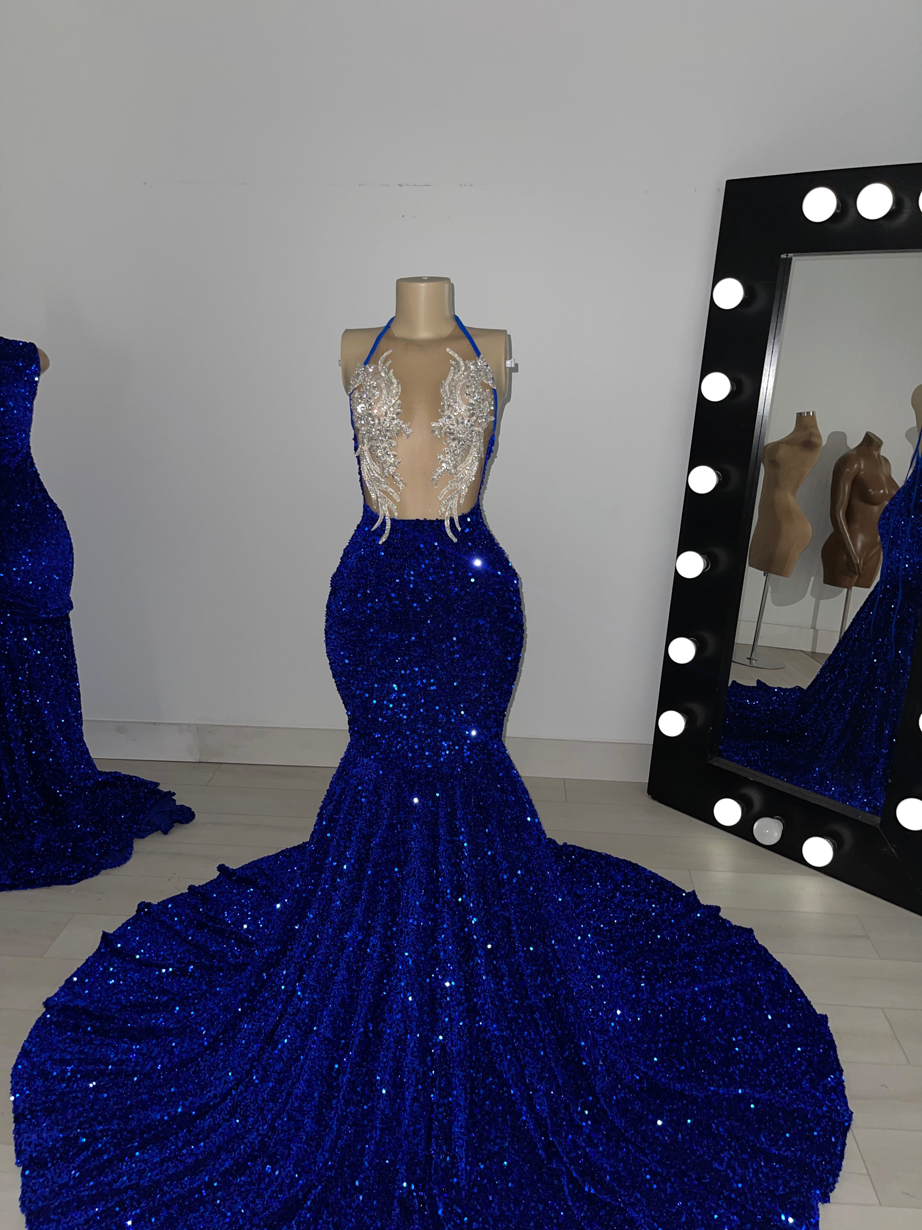 LAILAH Royal Blue Halter Style Sequin Dress with Silver Rhinestones | PREORDER -  SHIP ESTIMATED: 05/07