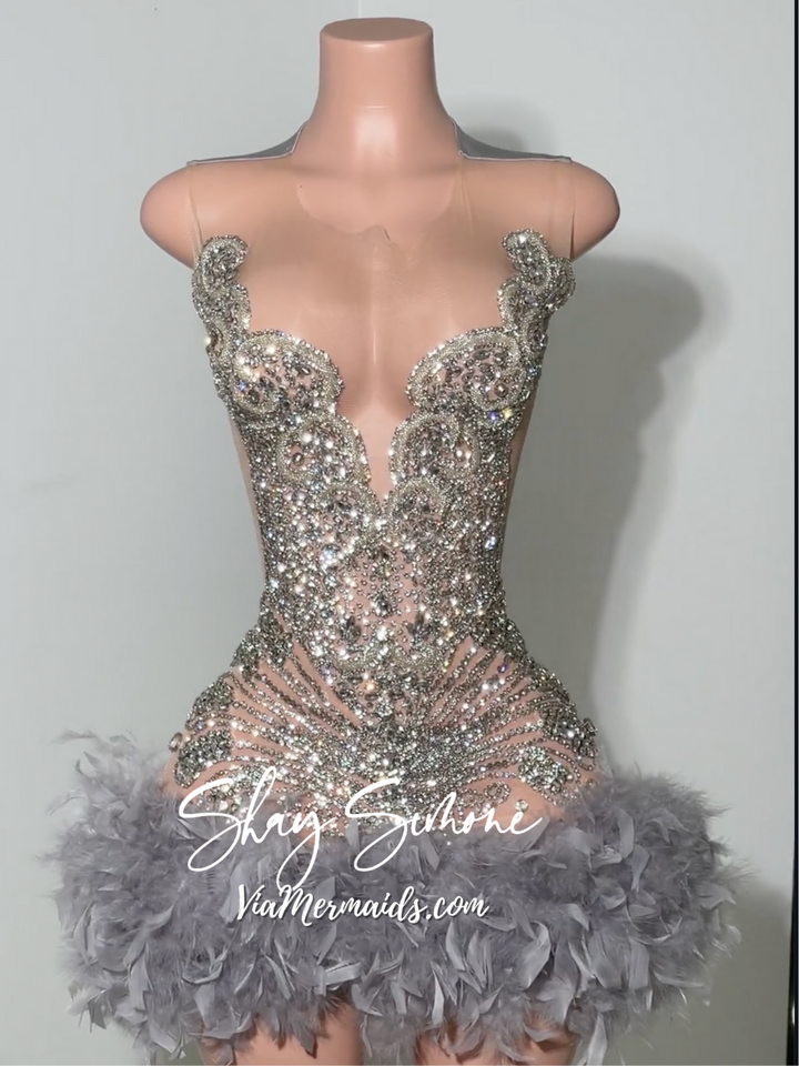 Sitting Pretty Princess - Custom Rhinestone Dress with Feathers
