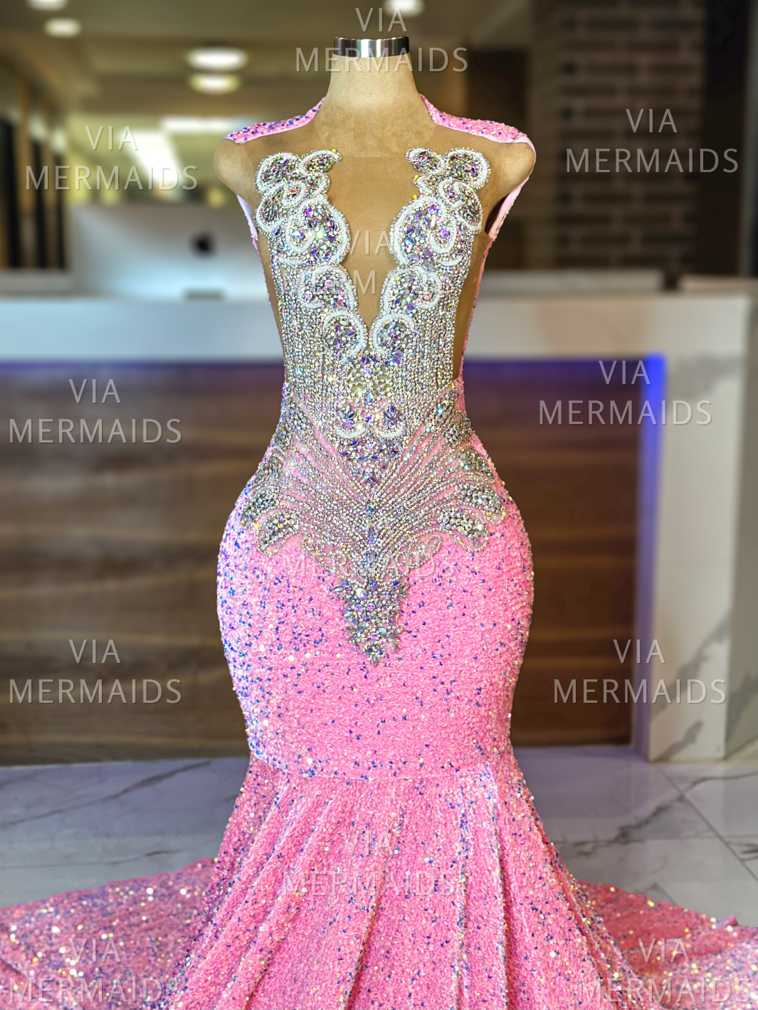 MICAH - Iridescent Pink Sequins Prom Dress with Iridscent Rhinestones PRE-ORDER-  SHIP ESTIMATED: 05/07
