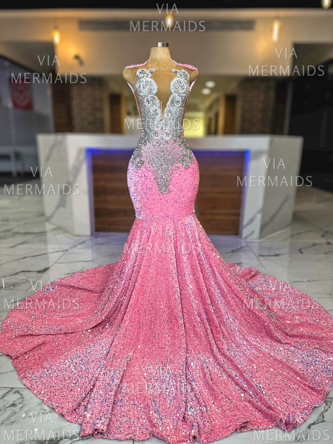 Destiny - Iridescent Pink Sequins Prom Dress with Silver Rhinestones PREORDER - SHIP ESTIMATED: 05/07