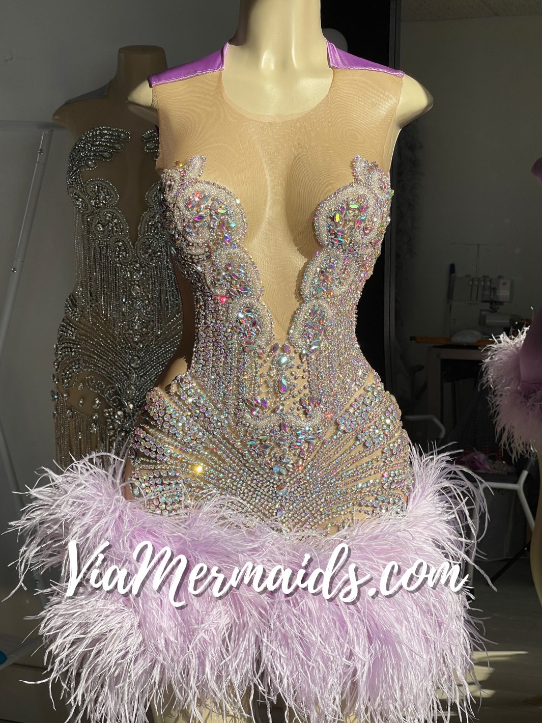 The Girl They LOVE TO HATE Iridescent Rhinestone Dress with Lilac Purple Feathers