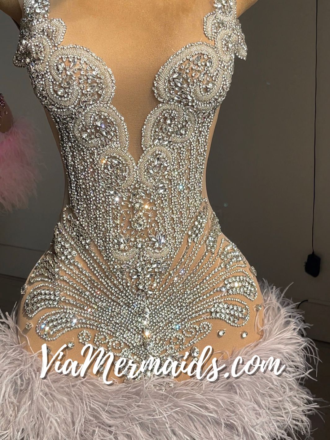 The Girl They LOVE TO HATE Custom Silver Rhinestone Dress with Feathers