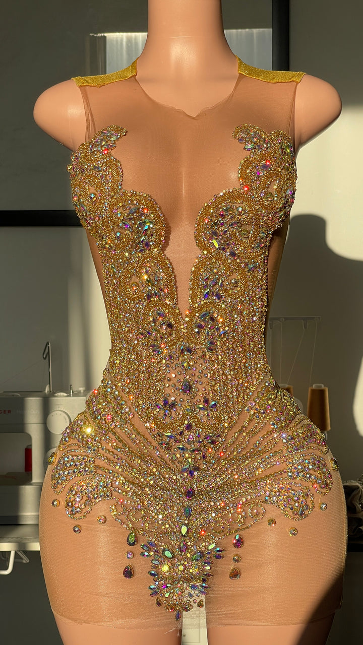 Rumi 2.0 IRIDESCENT Gold Rhinestone Dress