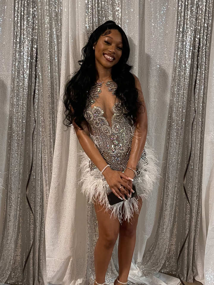 Baddie 2.0 Silver Rhinestone Dress with White Feathers