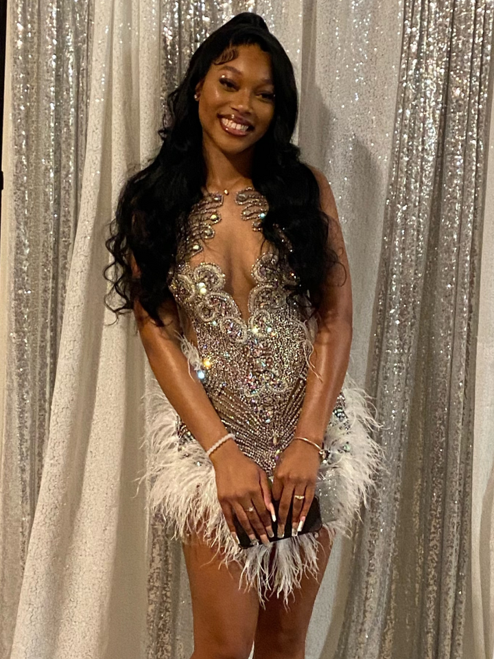 Baddie 2.0 Silver Rhinestone Dress with White Feathers