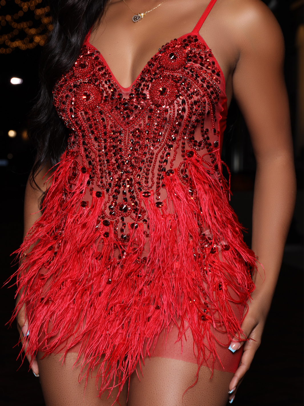 A'Laisha Red Rhinestone Dress with Ostrich Feather