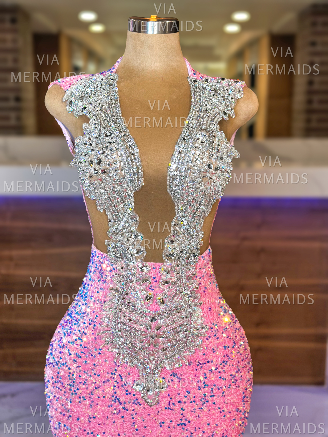 MYA - Iridescent Pink Sequins Prom Dress with Silver Rhinestones | PREORDER -  SHIP ESTIMATED: 05/07
