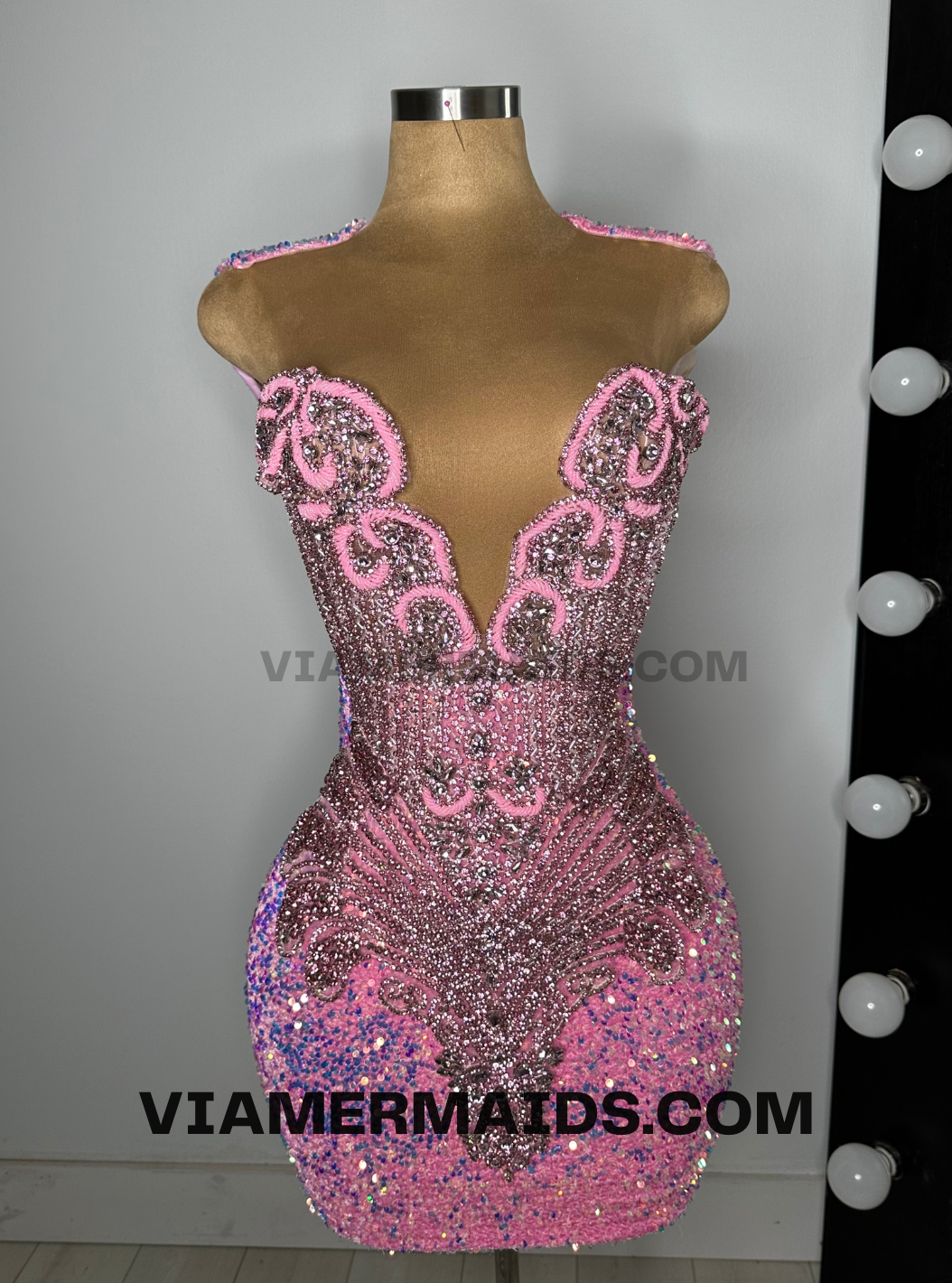 Baddie Pink Rhinestone Iridescent Sequin Dress