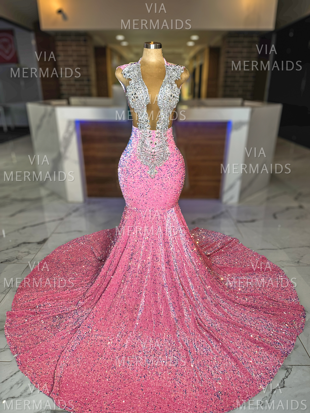 Iridescent Pink Sequins Prom Dress with Silver Rhinestones