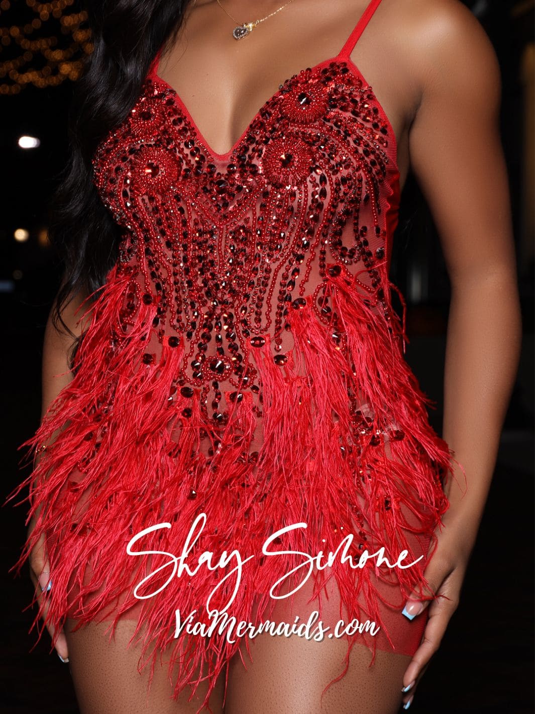 A'Laisha Red Rhinestone Dress with Ostrich Feather