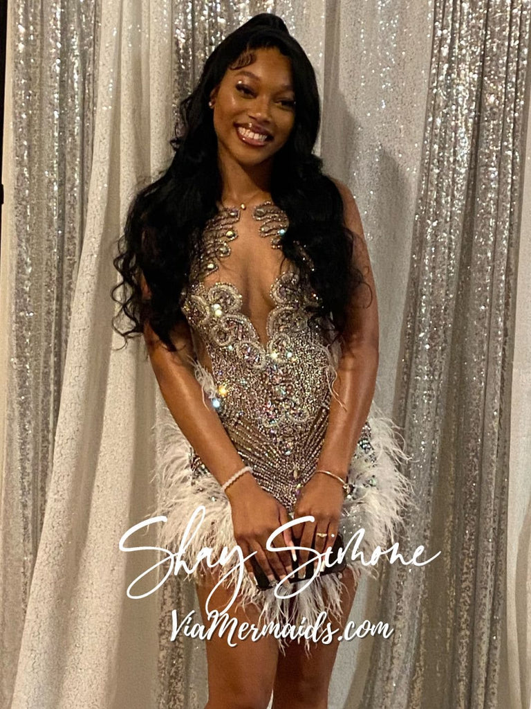 baddie prom dress Gold Rhinestones Glitter Yellow Feather Long Train Trumpet Prom Dress