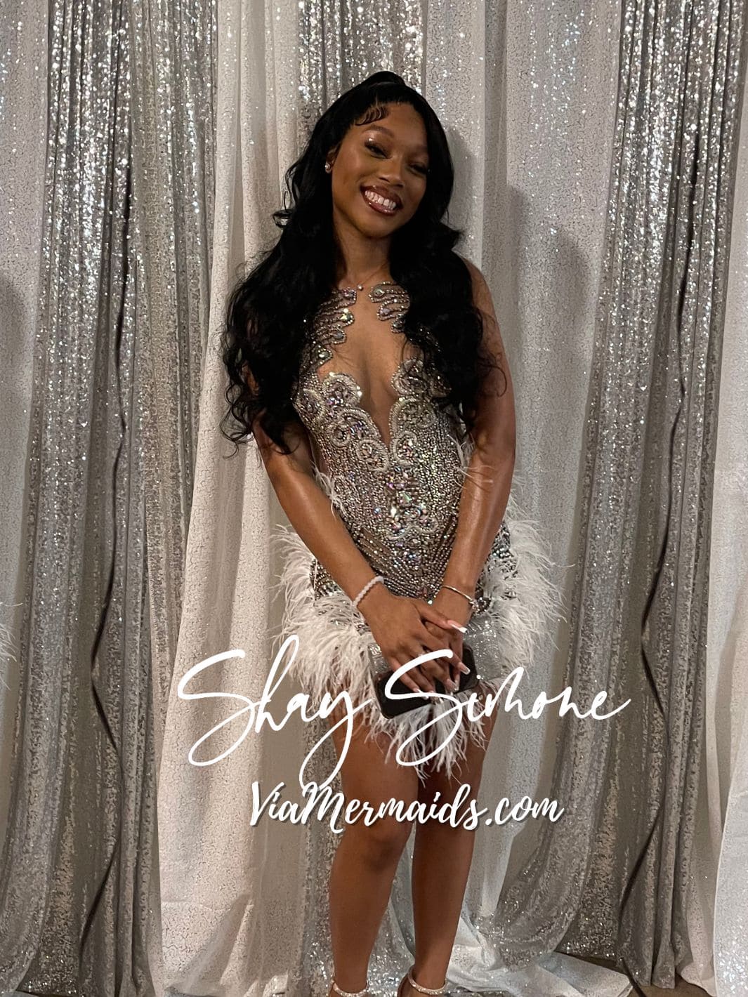 Baddie 2.0 Silver Rhinestone Dress with White Feathers