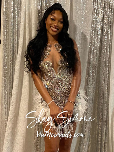 Baddie 2.0 Silver Rhinestone Dress with White Feathers Shay Simone Baddie 2.0 Silver Rhinestone Dress with White Feathers Shay Simone