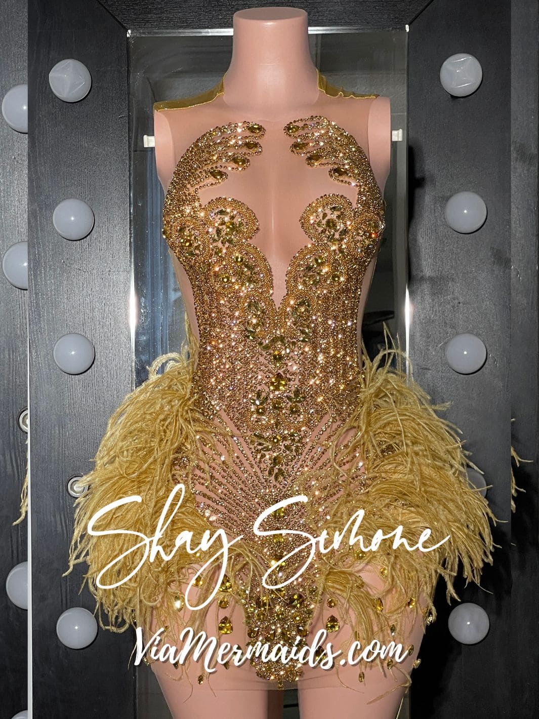 Baddie Gold Rhinestone Dress with Gold Feathers