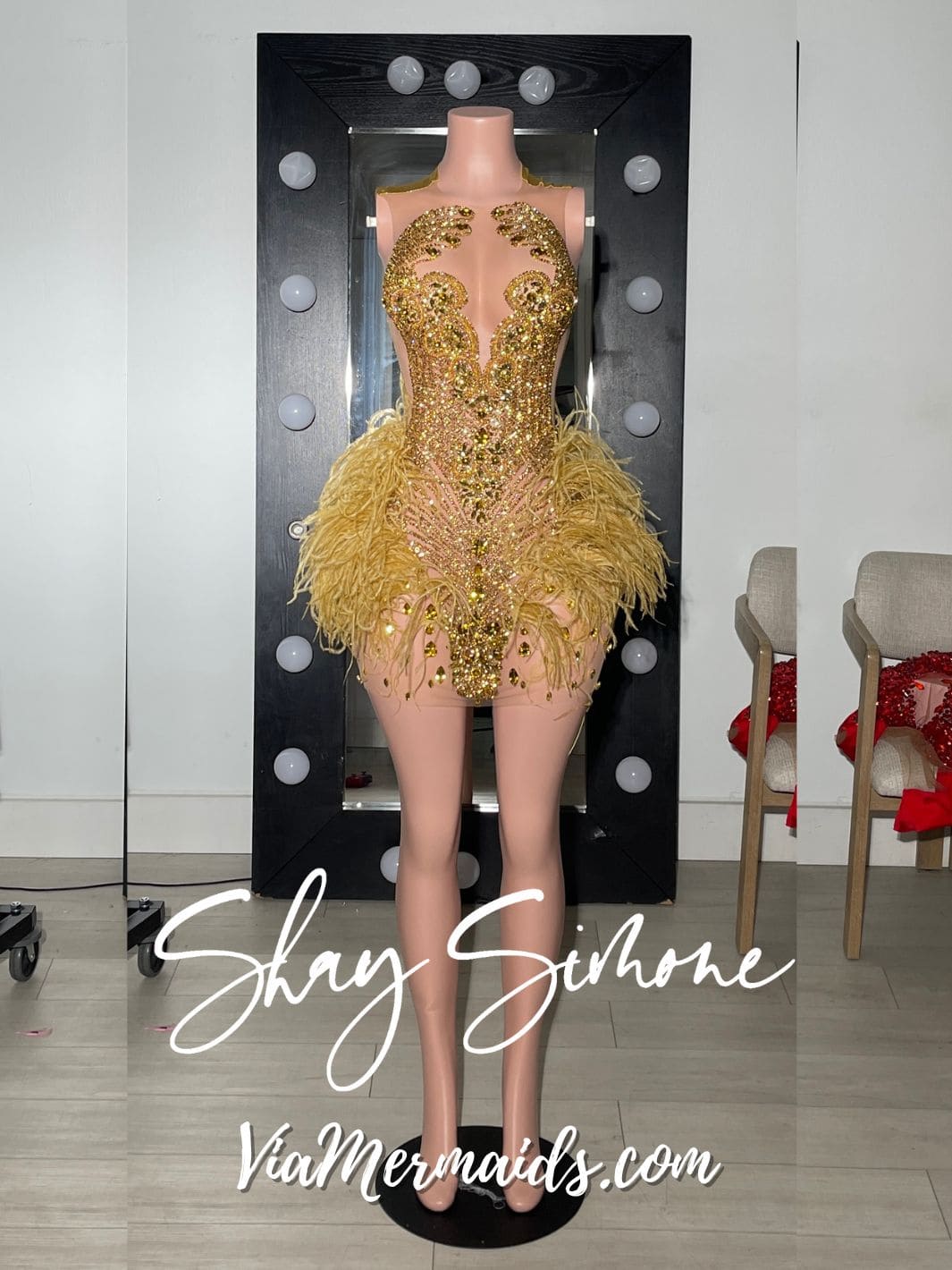 Baddie Gold Rhinestone Dress with Gold Feathers