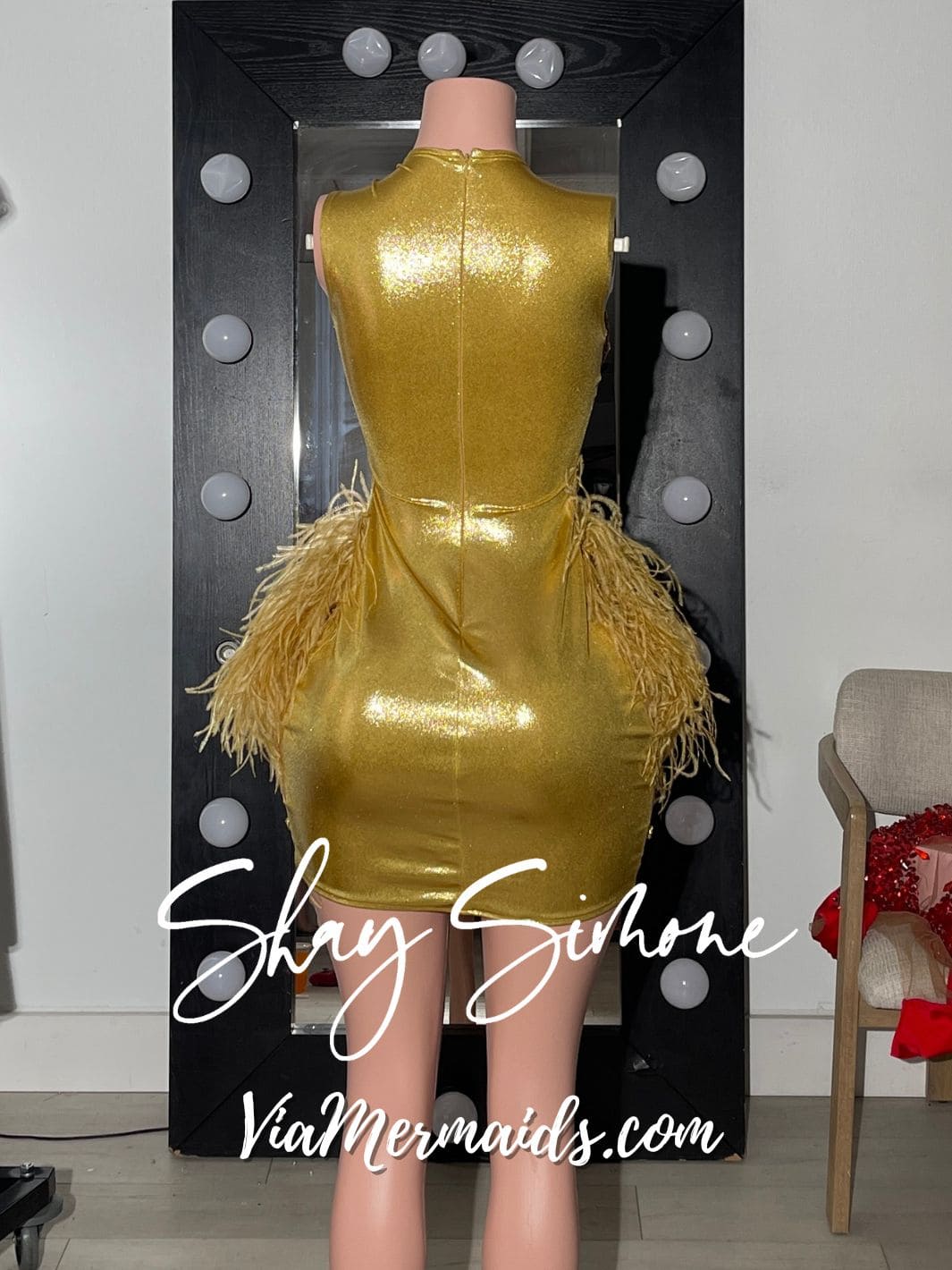 Baddie Gold Rhinestone Dress with Gold Feathers