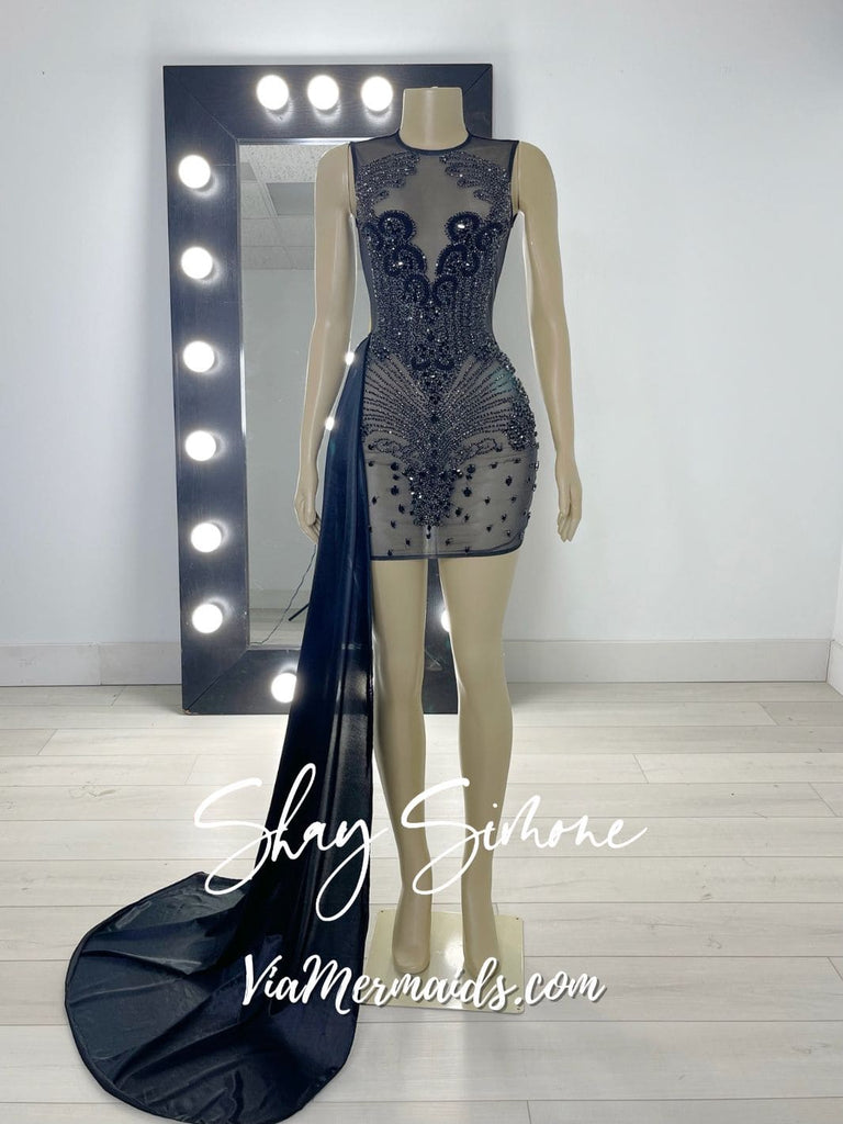 Black Rhinestone Dress With Side Train – Shay Simone