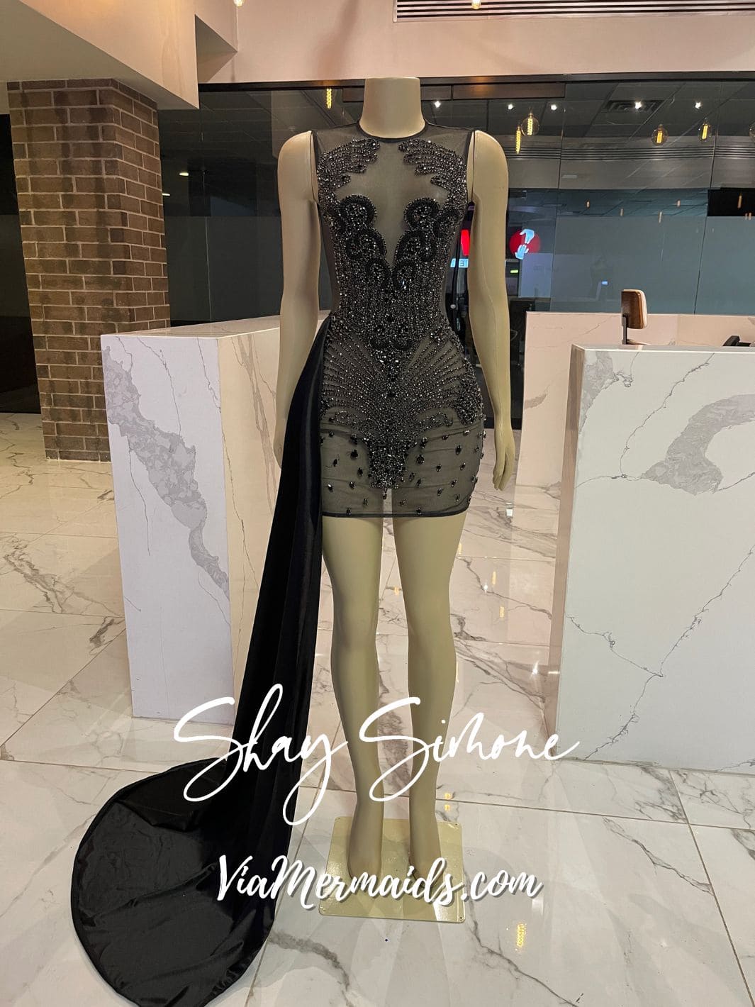 Black Rhinestone Dress With Side Train