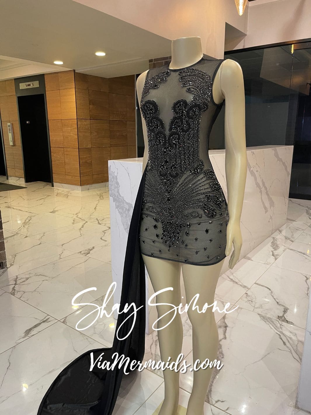 Black Rhinestone Dress With Side Train