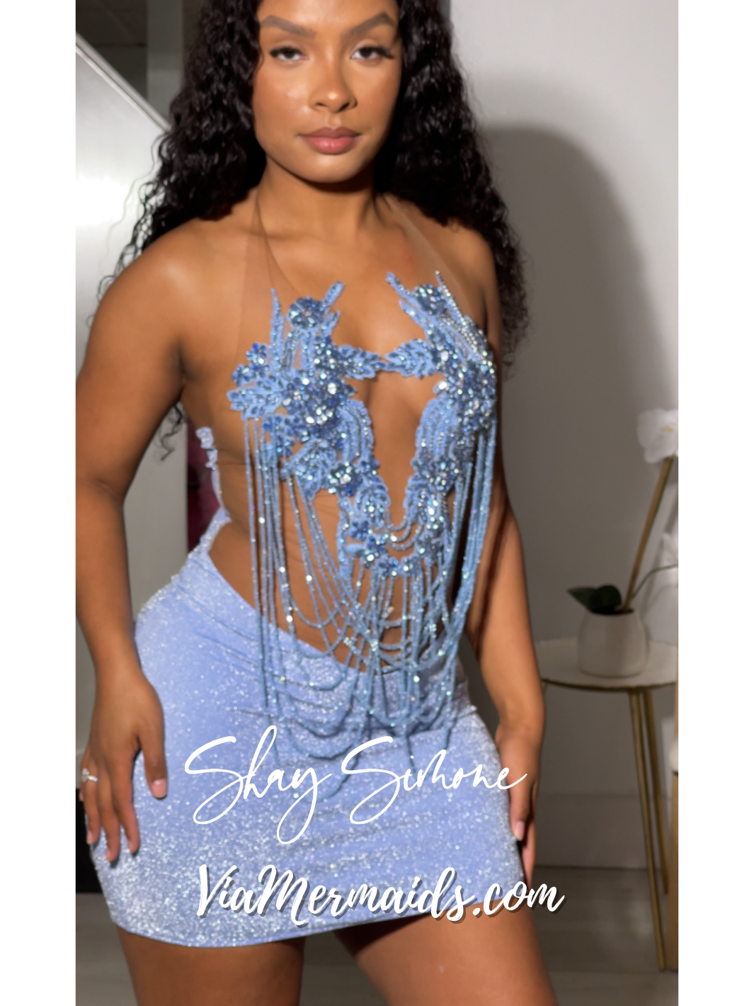 Soleil Light Blue Glitter Sheer Dress with Rhinestone Fringe