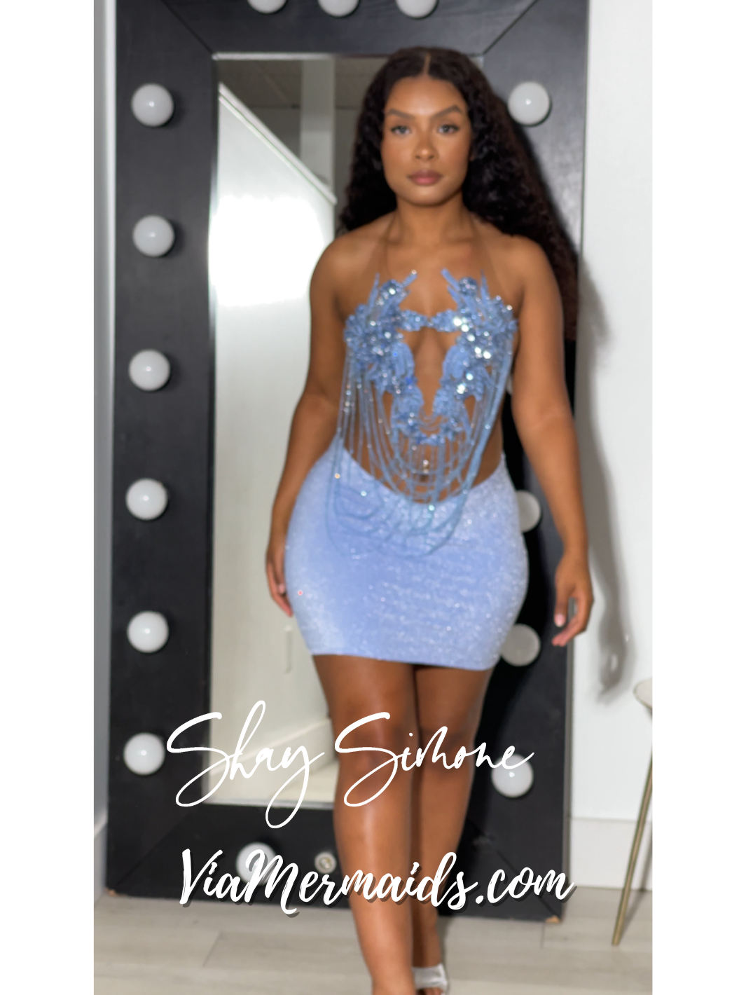 Soleil Light Blue Glitter Sheer Dress with Rhinestone Fringe