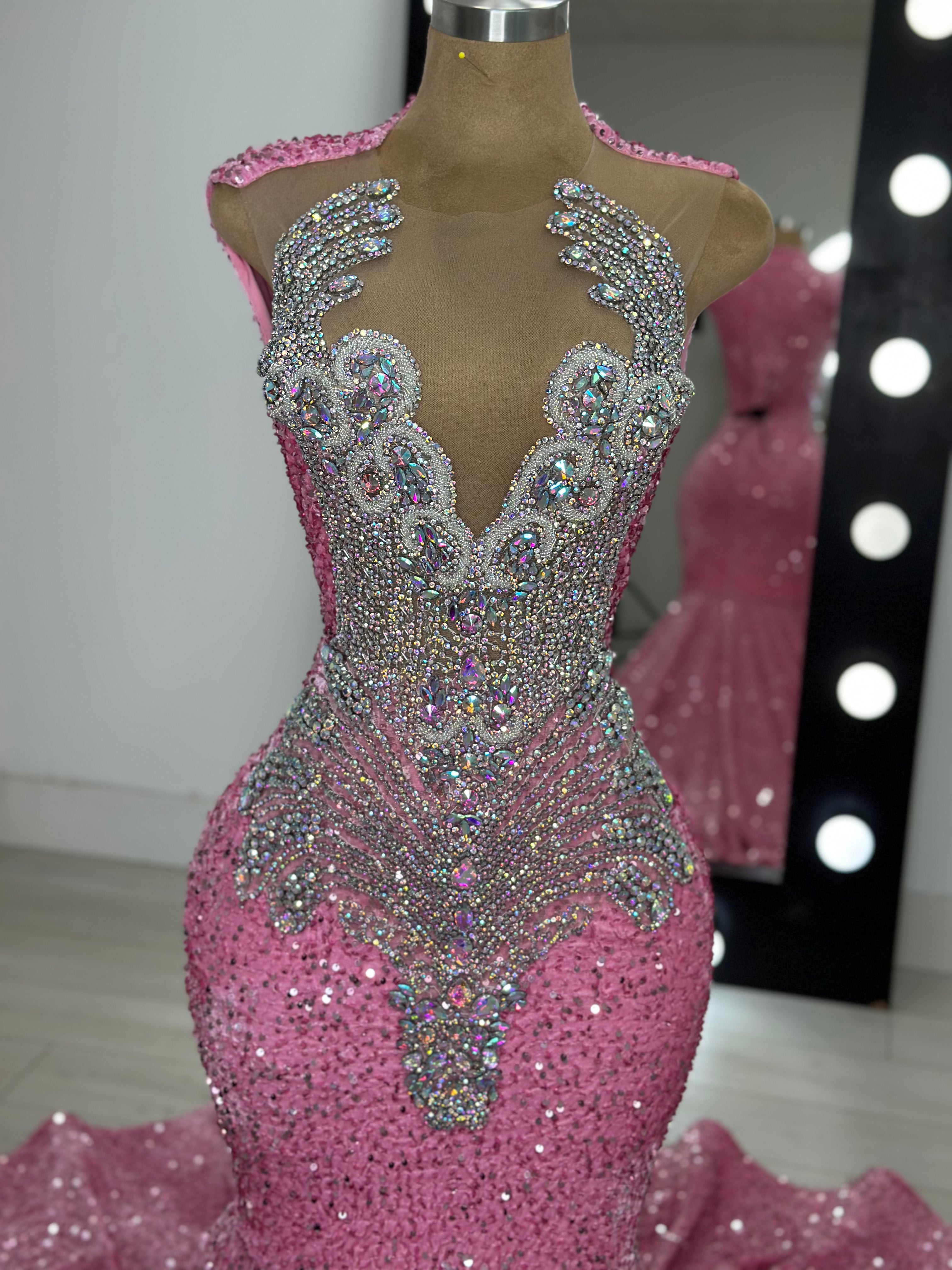 Iridescent Pink Sequins Prom Dress with Iridescent Rhinestones