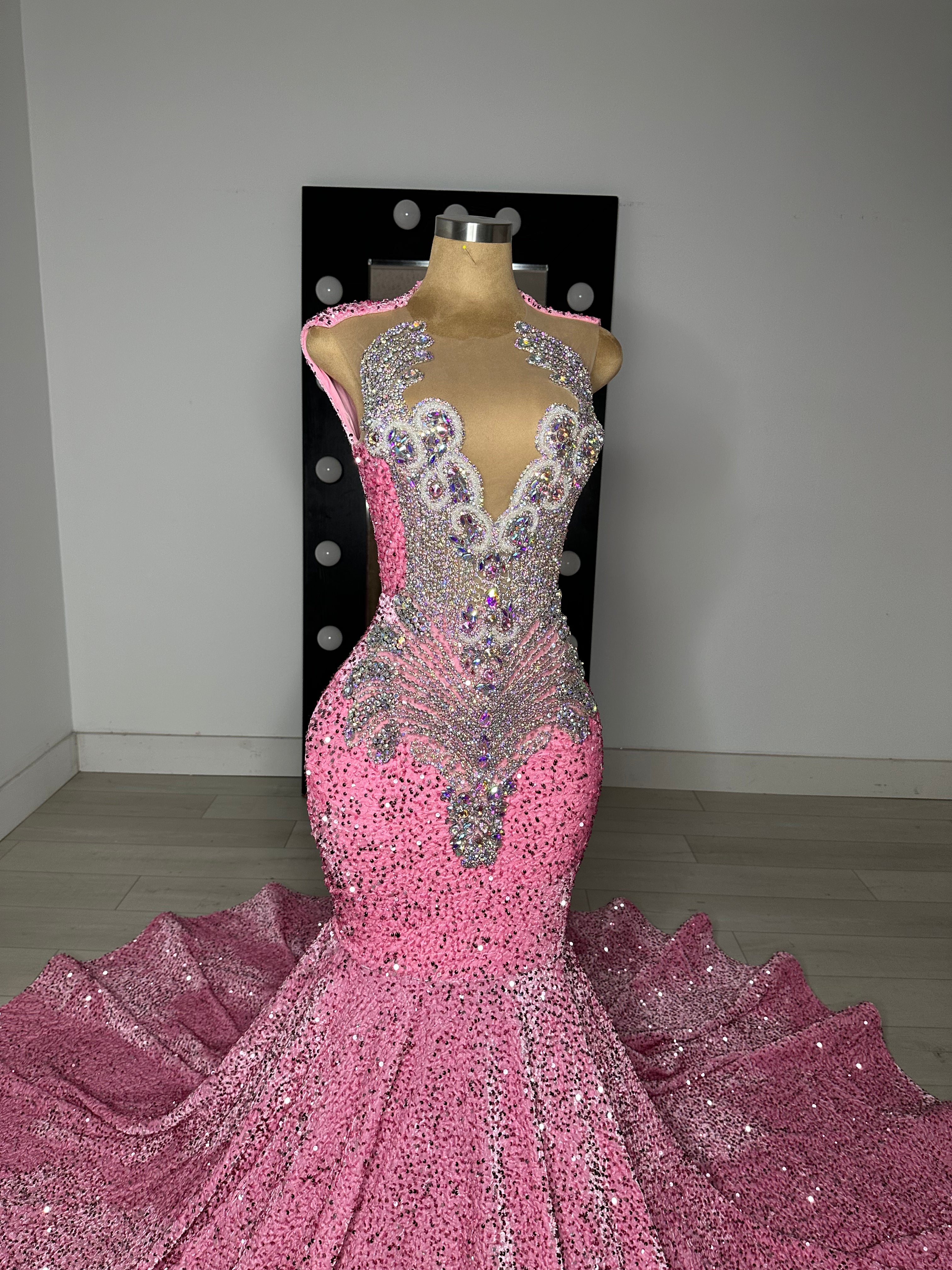 LIYAH - Iridescent Pink Sequins Prom Dress with Iridescent Rhinestones | Pre-Order  SHIP ESTIMATED: 05/07