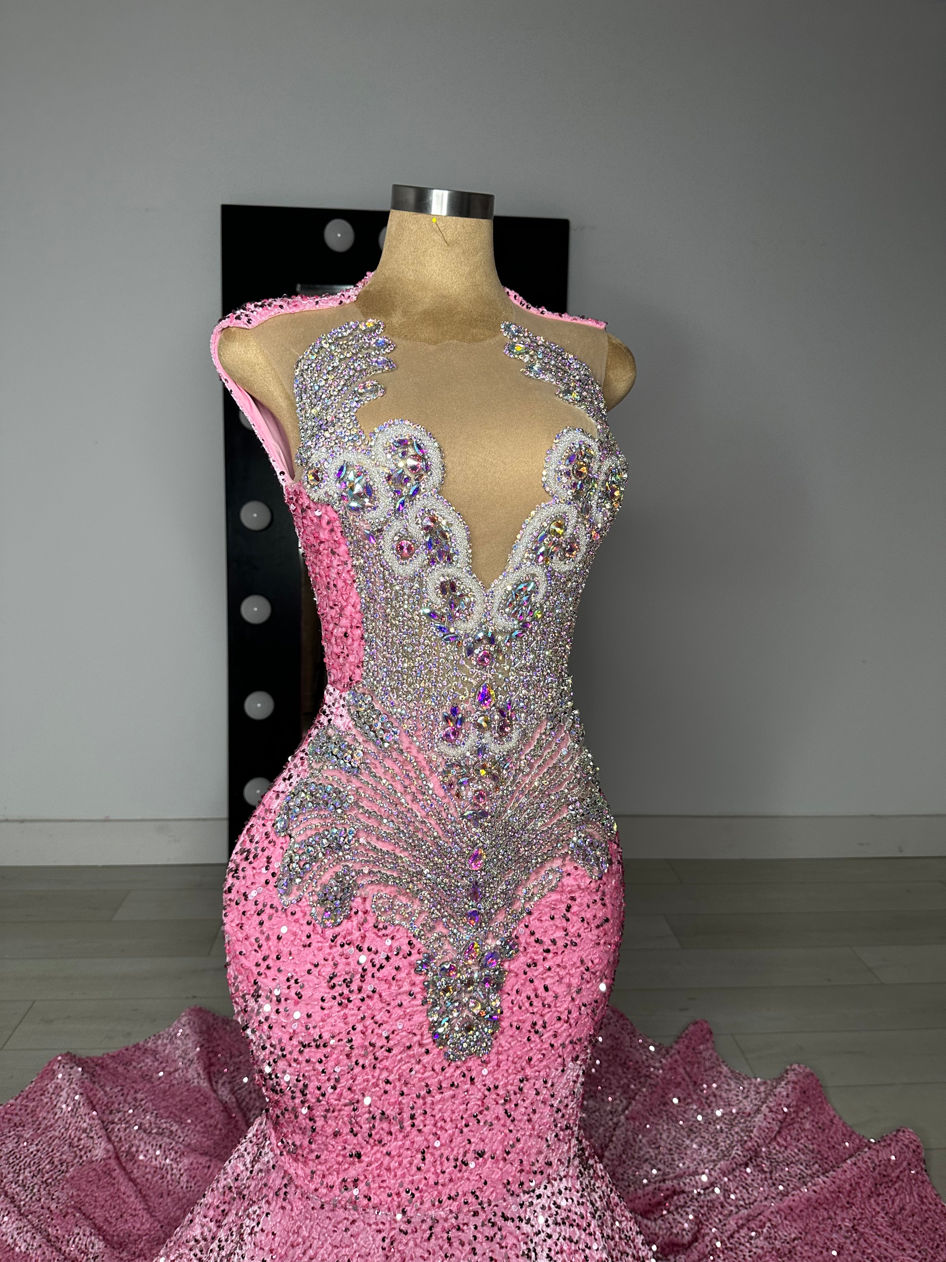 LIYAH - Iridescent Pink Sequins Prom Dress with Iridescent Rhinestones | Pre-Order  SHIP ESTIMATED: 05/07