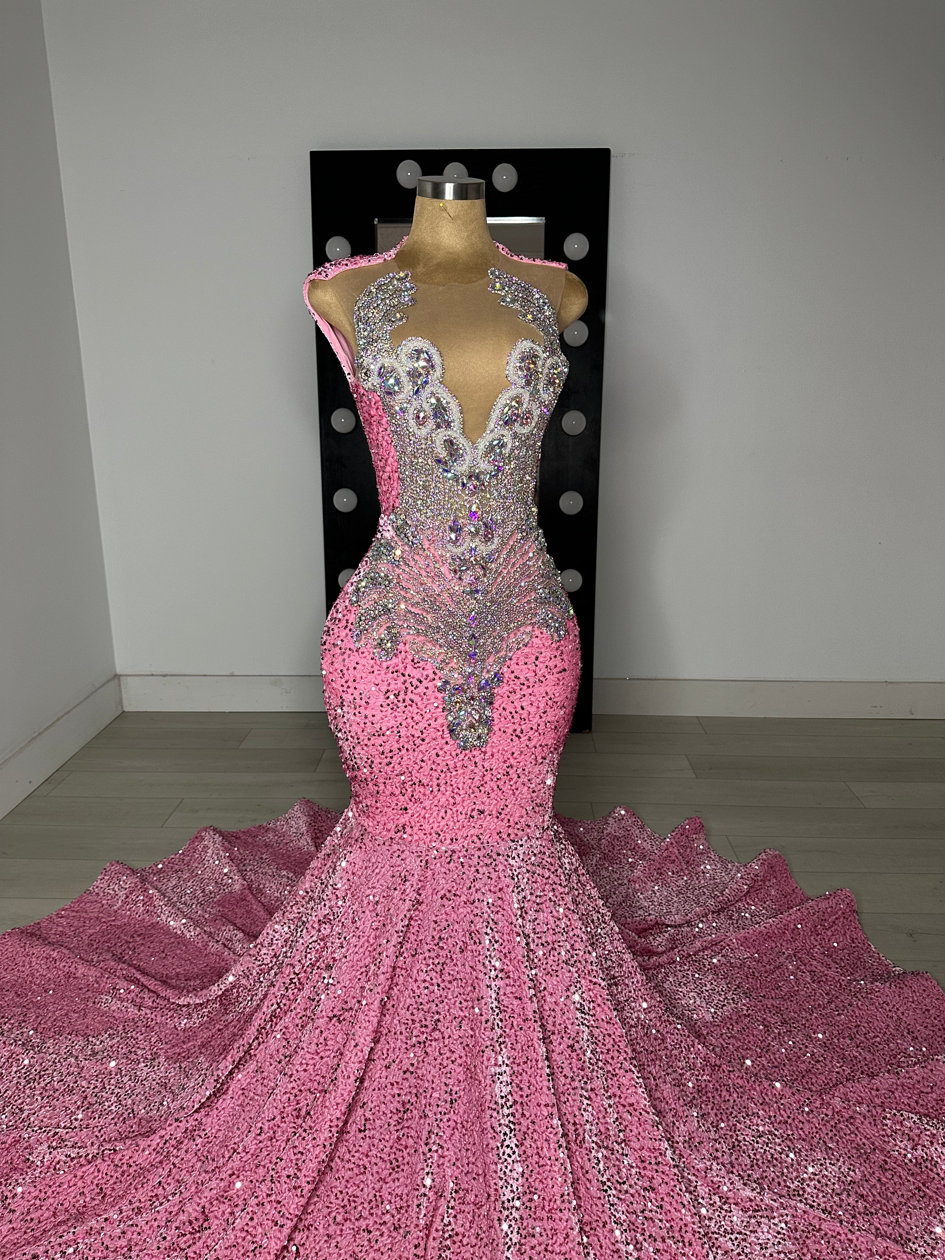 LIYAH - Iridescent Pink Sequins Prom Dress with Iridescent Rhinestones | Pre-Order  SHIP: 03/29 - 04/05