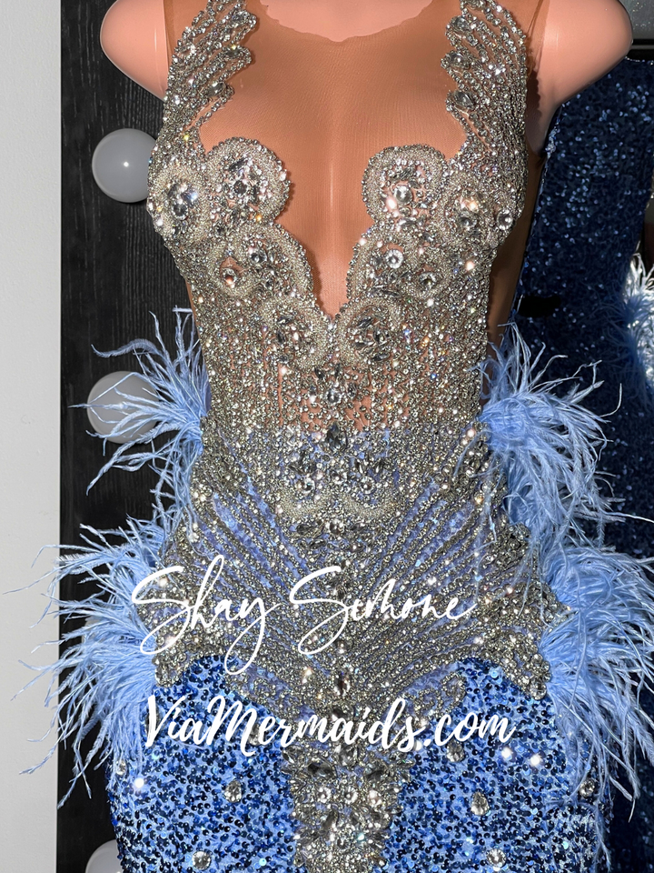 Jayda Light Blue Sequin Long Dress with Silver Rhinestones and Feathers on the Side