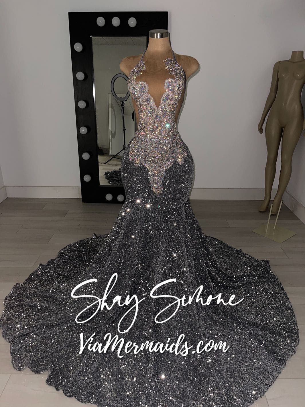 Jocelyn - HALTER STYLE Silver Sequin & Iridescent Rhinestone Prom Dress