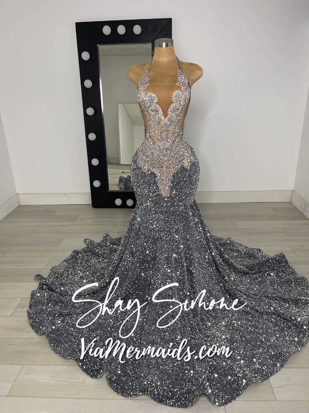 silver iridescent prom dress A-line Silver Metallic Dress Ruffles Long Prom Dress With Slit sew1063 SELINADRESS