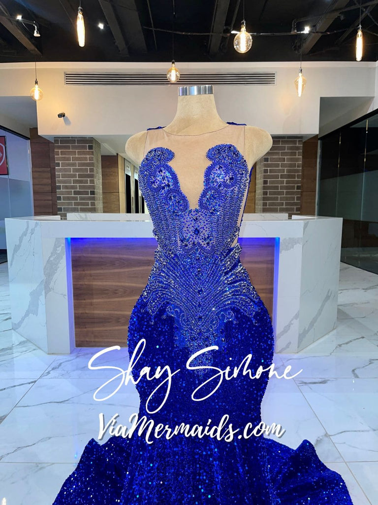 KHYLA - Royal Blue Rhinestone Stretch Sequin Dress S, image size:768x1024