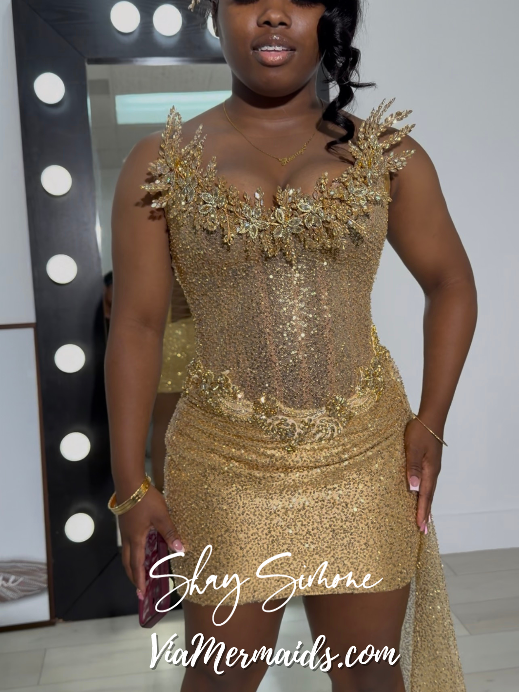 Kierrey Champagne Gold Corset Short Dress with Draped Train