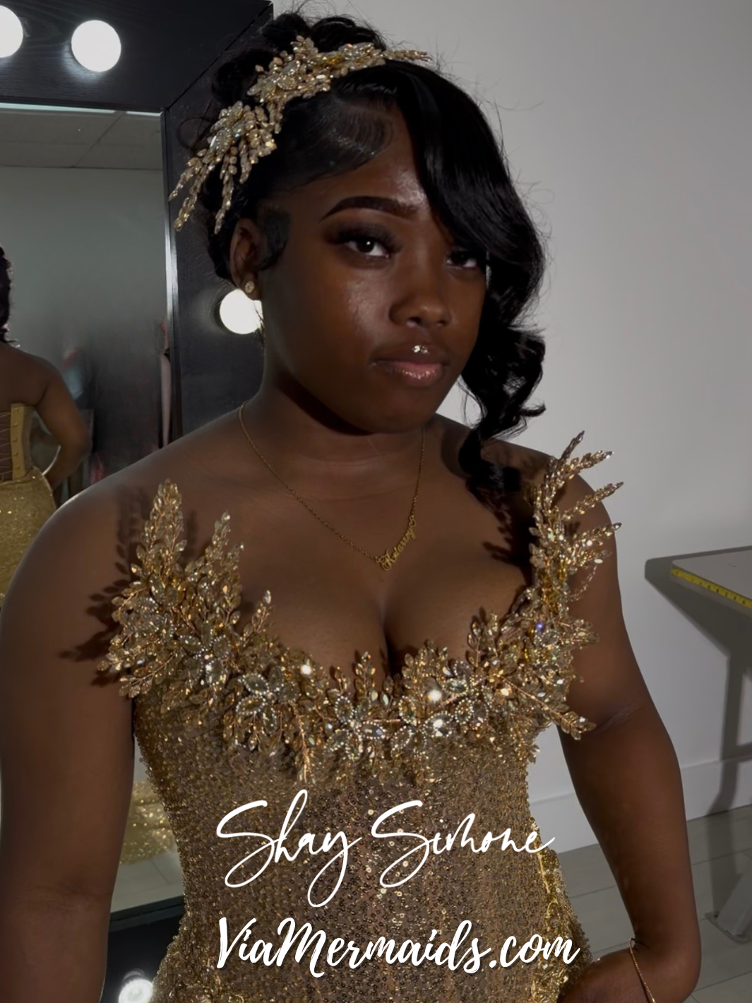 Kierrey Champagne Gold Corset Short Dress with Draped Train