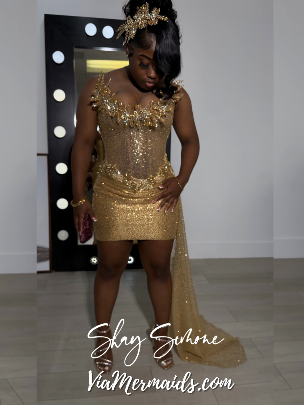 Kierrey Champagne Gold Corset Short Dress with Draped Train