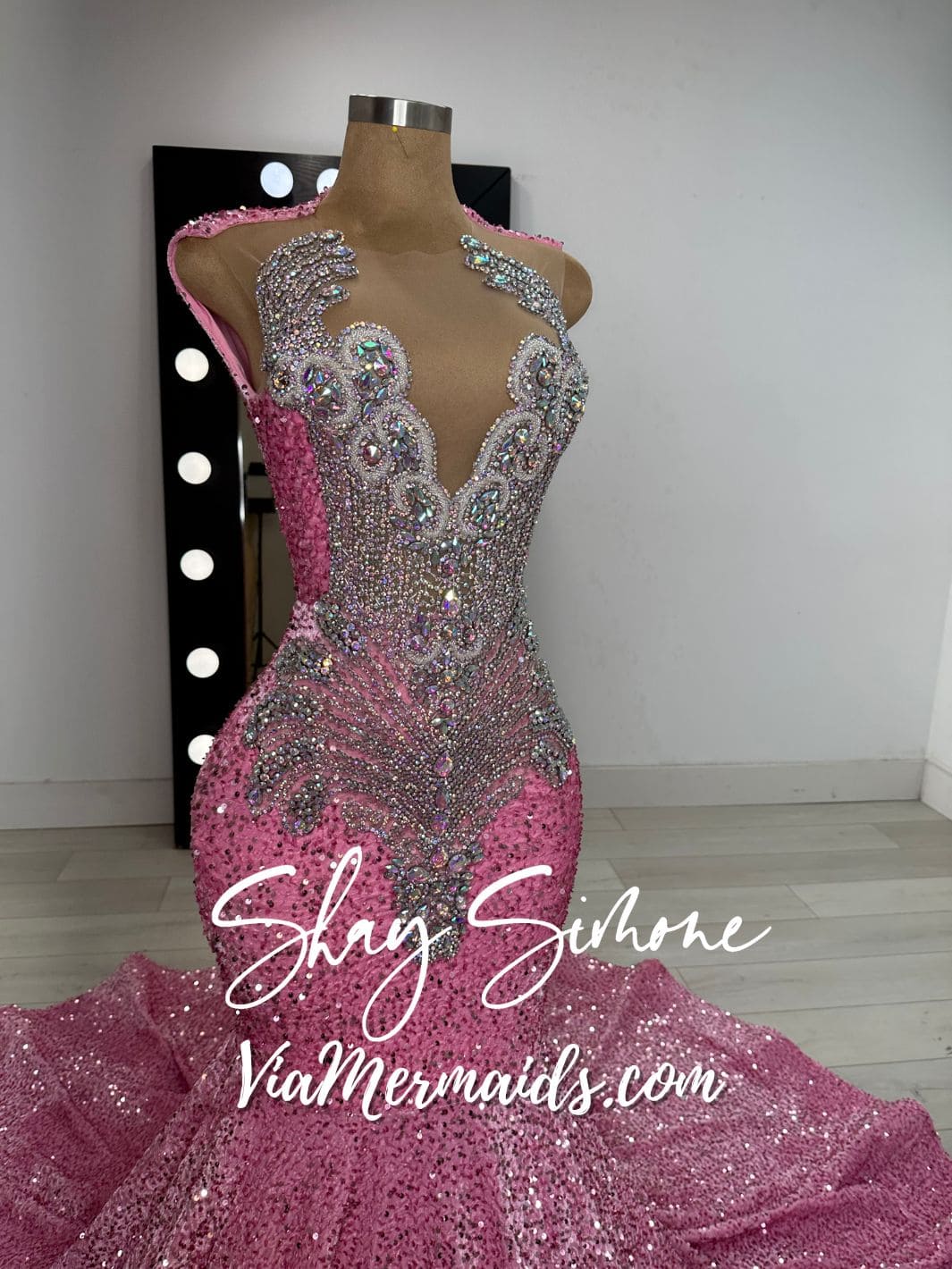 LIYAH - Iridescent Pink Sequin Prom Dress with Iridescent Rhinestones