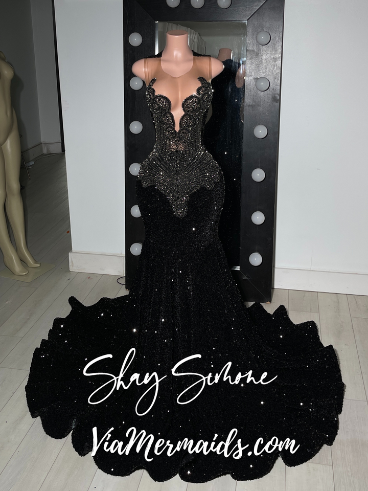 Micah Black Sequin Prom Dress with Black Rhinestones