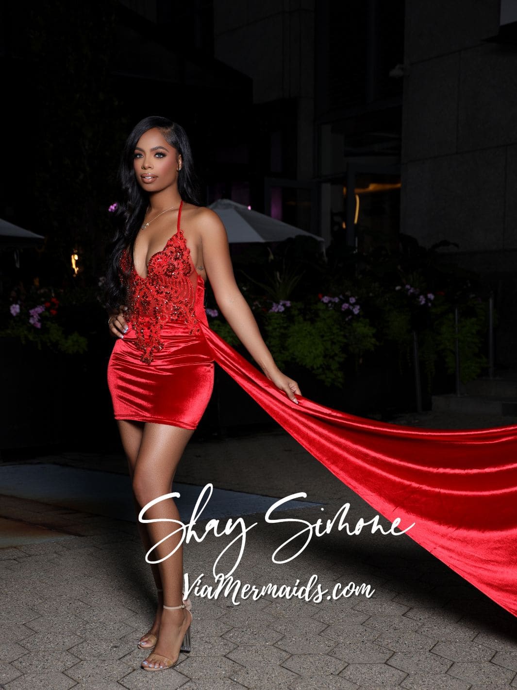 red rhinestone dress Marcia Red Rhinestone Stretch Velvet Dress with Side Train – Shay Simone