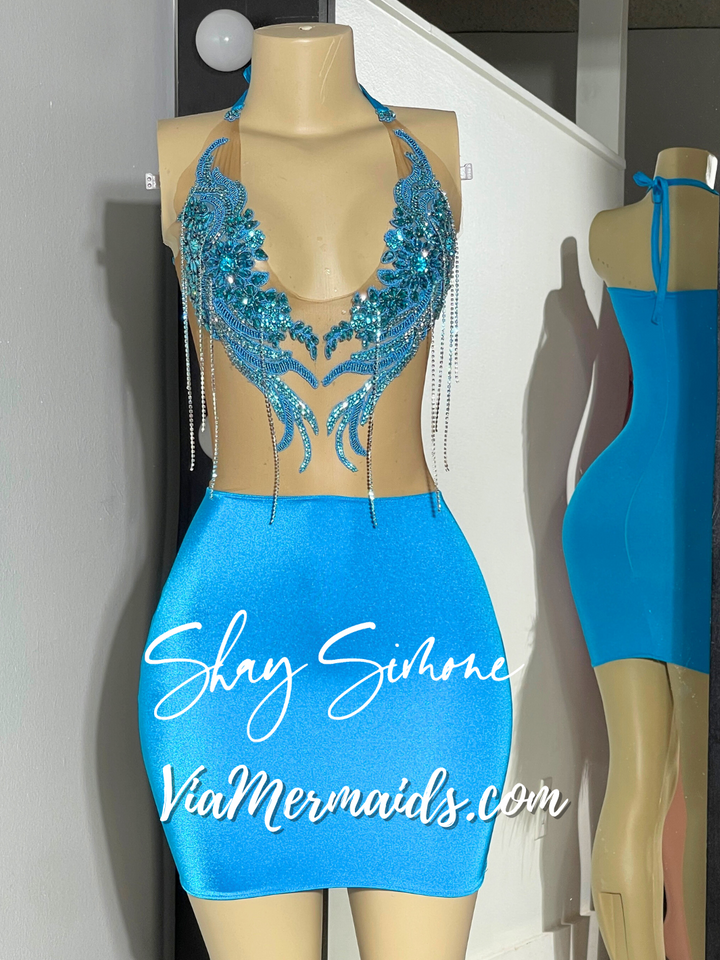 Mere Turquoise Blue Glitter Rhinestones Dress with Fringe