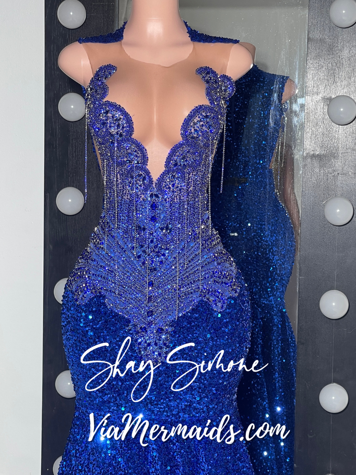 Micah Royal Blue Sequin Rhinestone Dress with Rhinestone Fringe