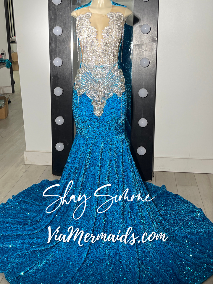 Micah Turquoise Blue Silver Rhinestone Long Dress with Fringe