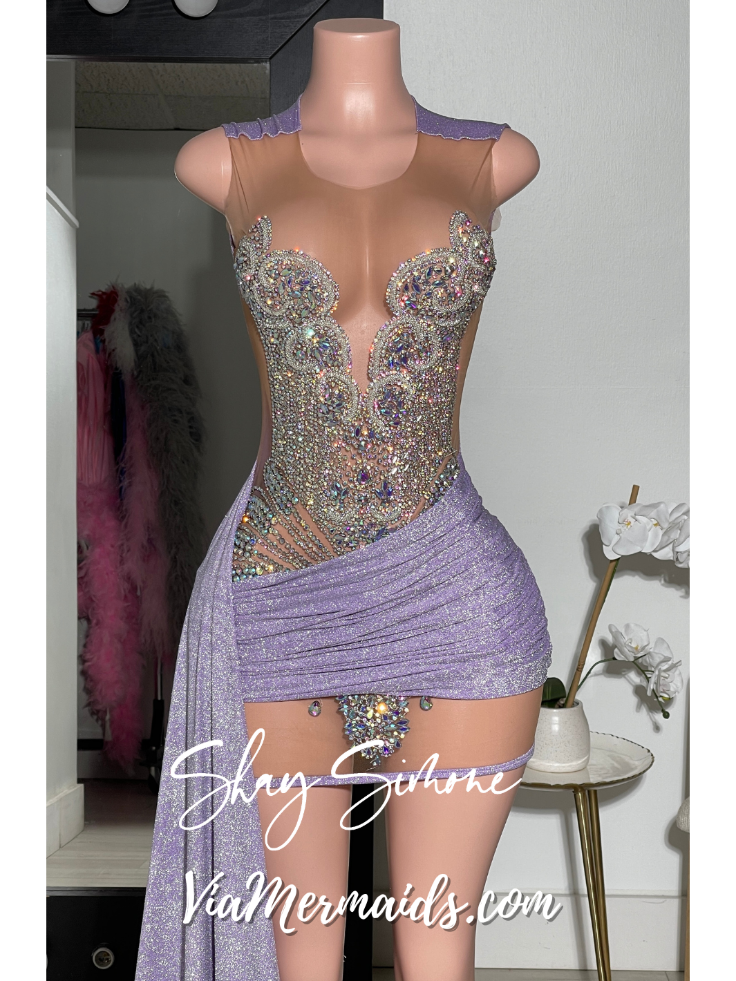 Mya Silver Iridescent Rhinestone Short Dress with Glitter Lavender Side Train