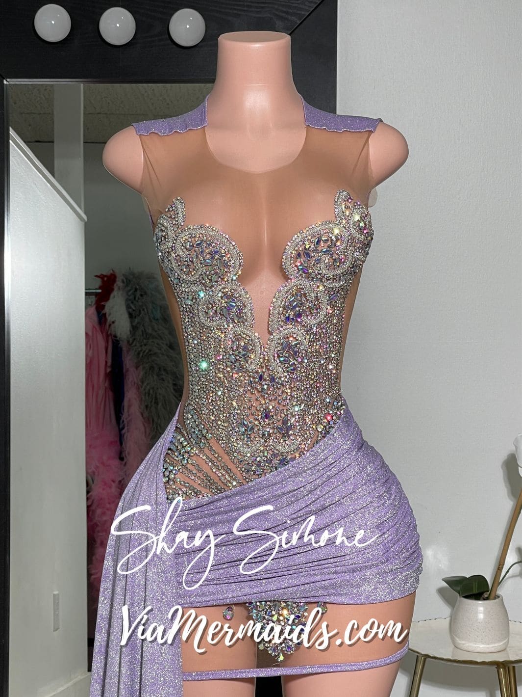 Mya Silver Iridescent Rhinestone Short Dress with Glittery Side Train